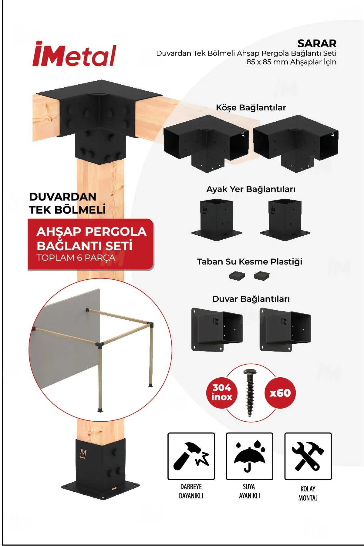 Ahşap Pergola Braket Seti Duvardan Tek Bölümlü 90x90mm Ahşaplar için - 1