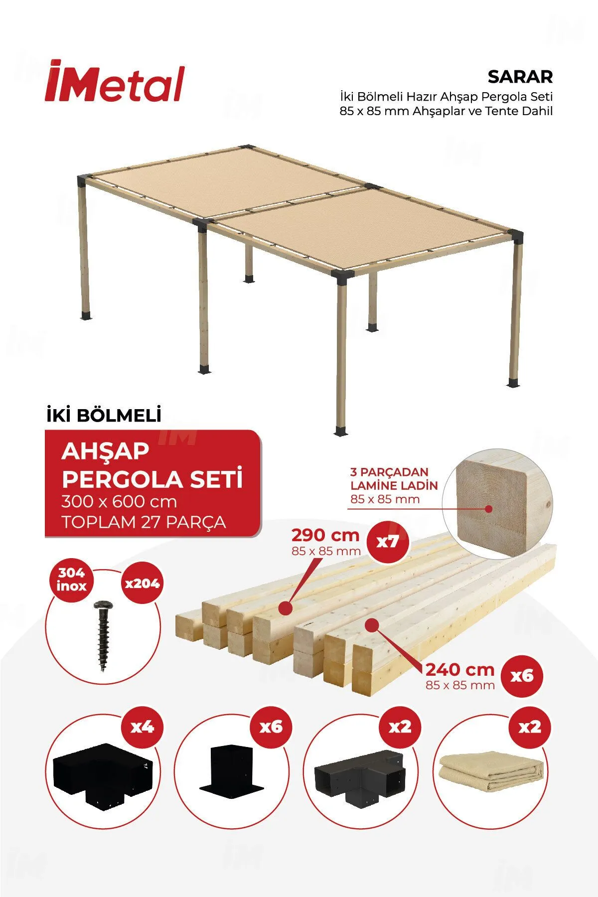 350x700 Ahşap Pergola Seti Iki Bölümlü 90 X 90 mm Ahşaplar Ve Hdp Tente Dahil - 1