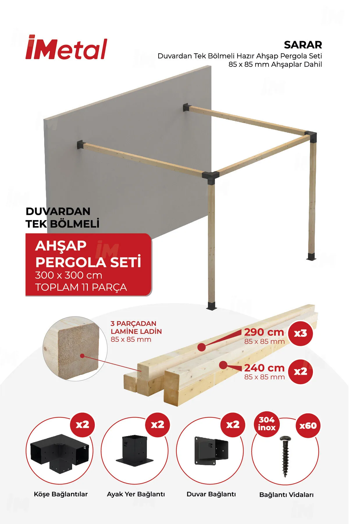 350x350 Ahşap Pergola Seti Duvardan Tek Bölümlü 90 X 90 mm Ahşaplar Dahil - 1