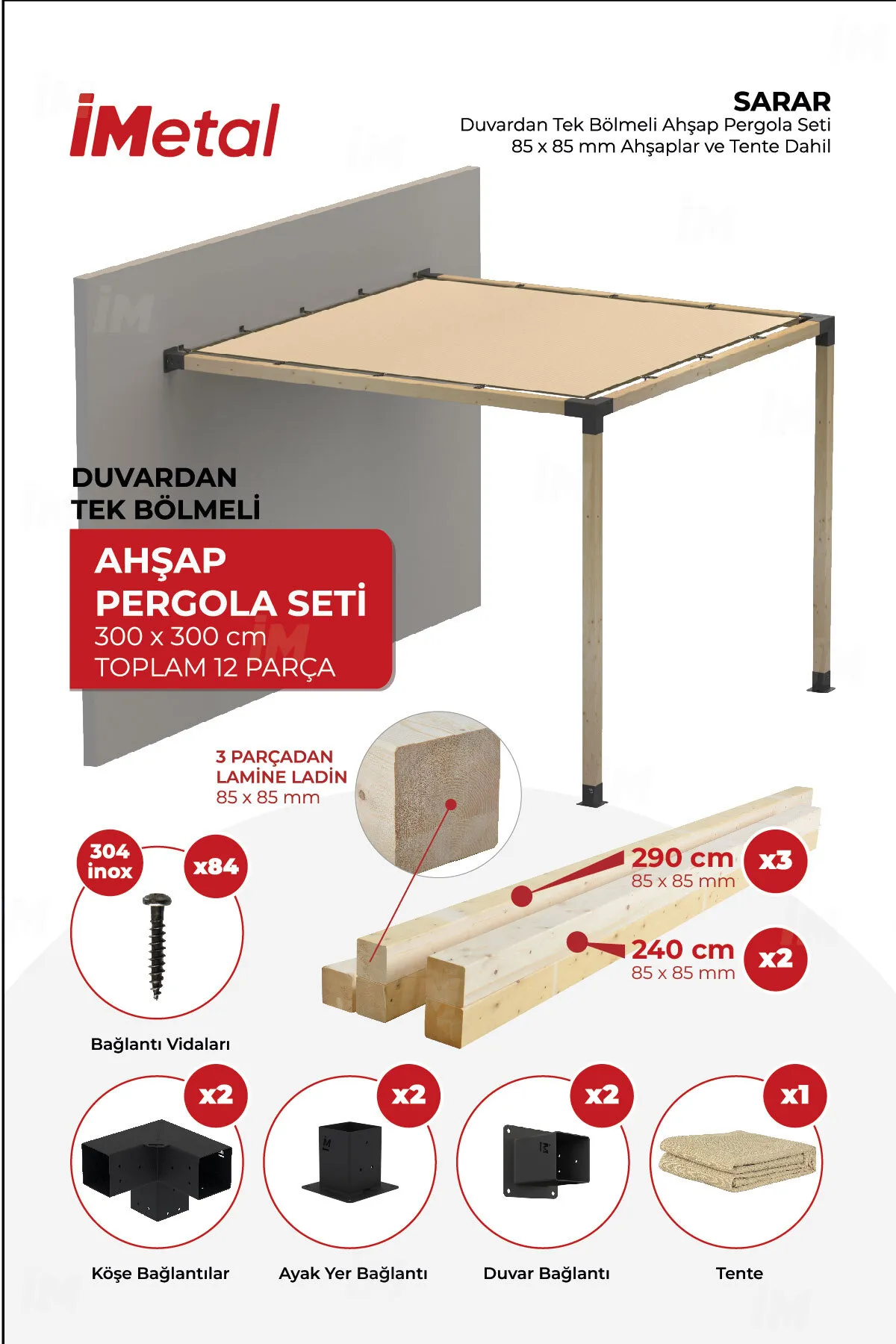 350x350 Ahşap Pergola Seti Duvardan Tek Bölümlü 90 X 90 mm Ahşaplar Ve Hdp Tente Dahil - 1