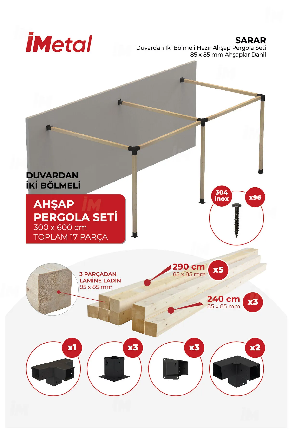 350x700 Ahşap Pergola Seti Duvardan Iki Bölümlü 90 X 90 Mm Ahşaplar Dahil - 1
