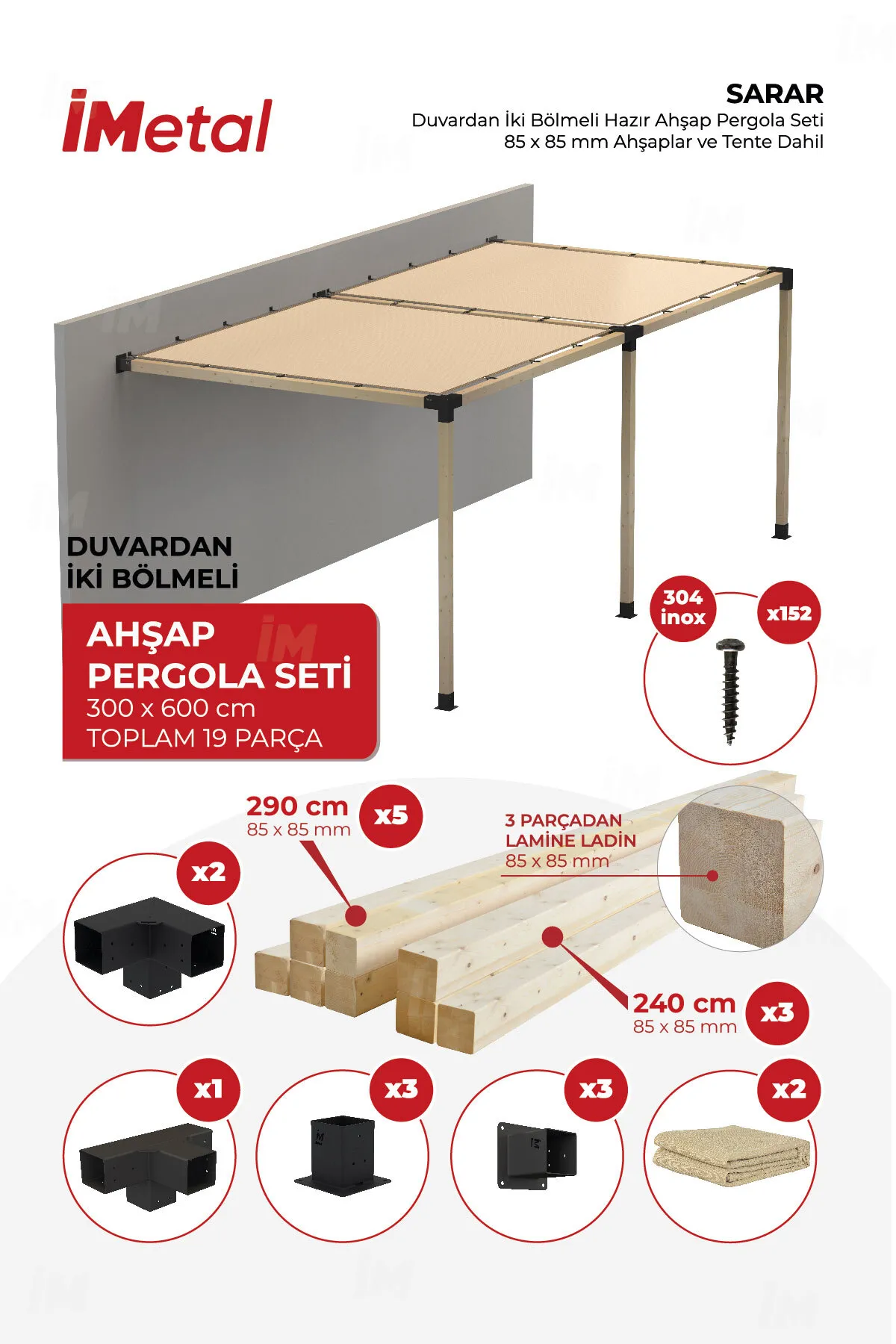 350x700 Ahşap Pergola Seti Duvardan Iki Bölümlü 90 X 90 Mm Ahşaplar Ve Hdp Tente Dahil - 1