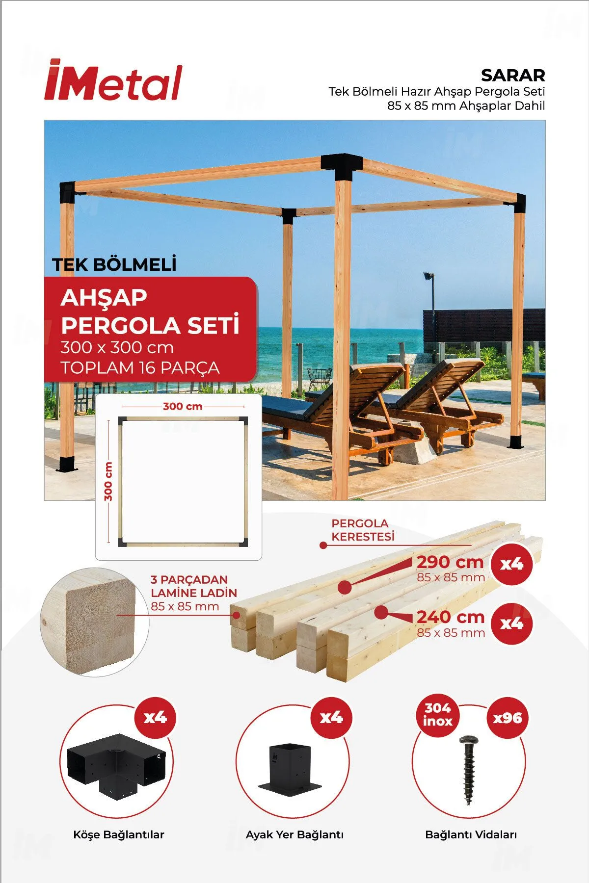 350x350 Ahşap Pergola Seti Tek Bölümlü 90 X 90 mm Ahşaplar Dahil - 1