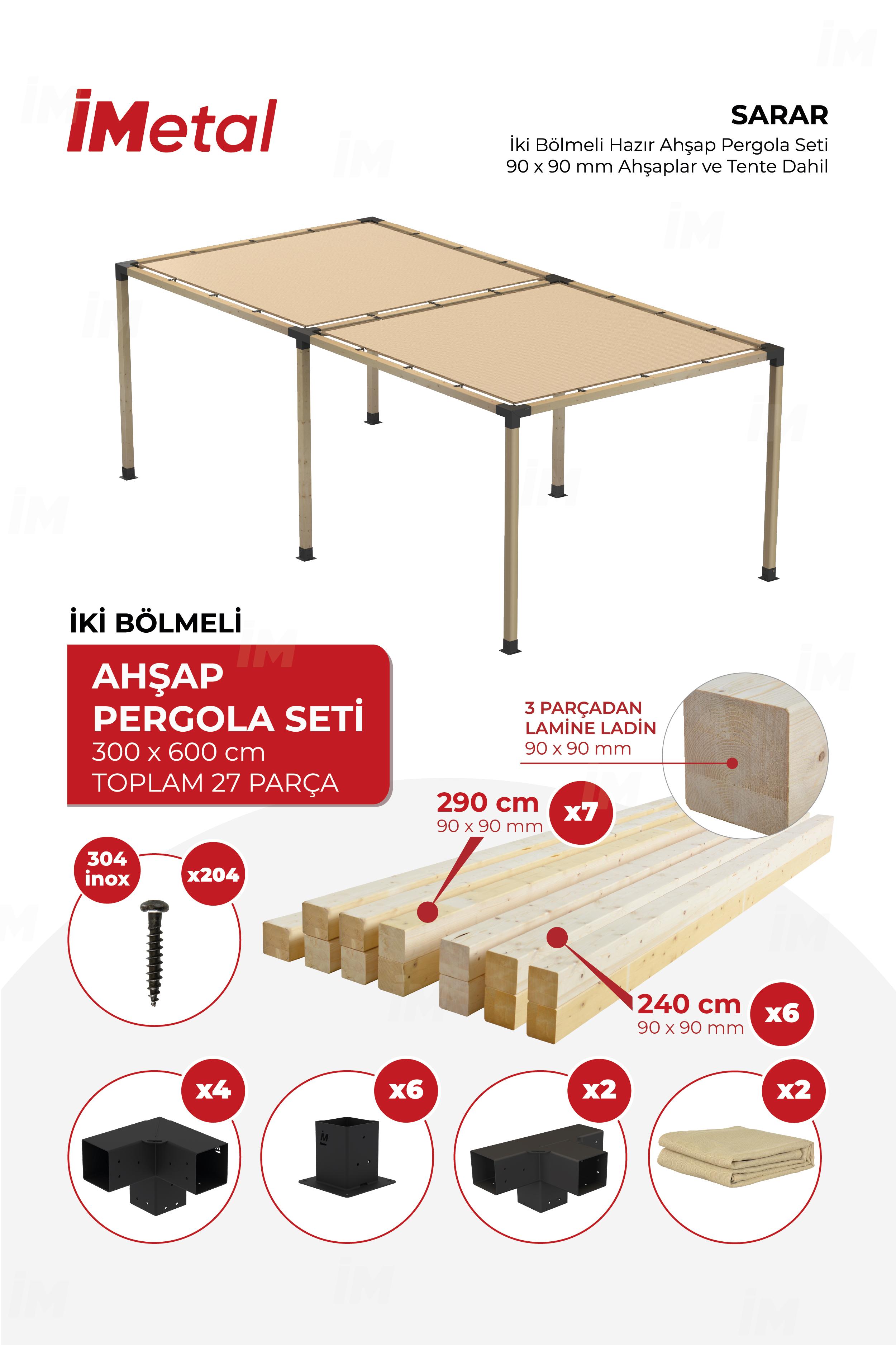 300x600 Ahşap Pergola Seti Iki Bölümlü 90 X 90 mm Ahşaplar Ve Hdp Tente Dahil - 1