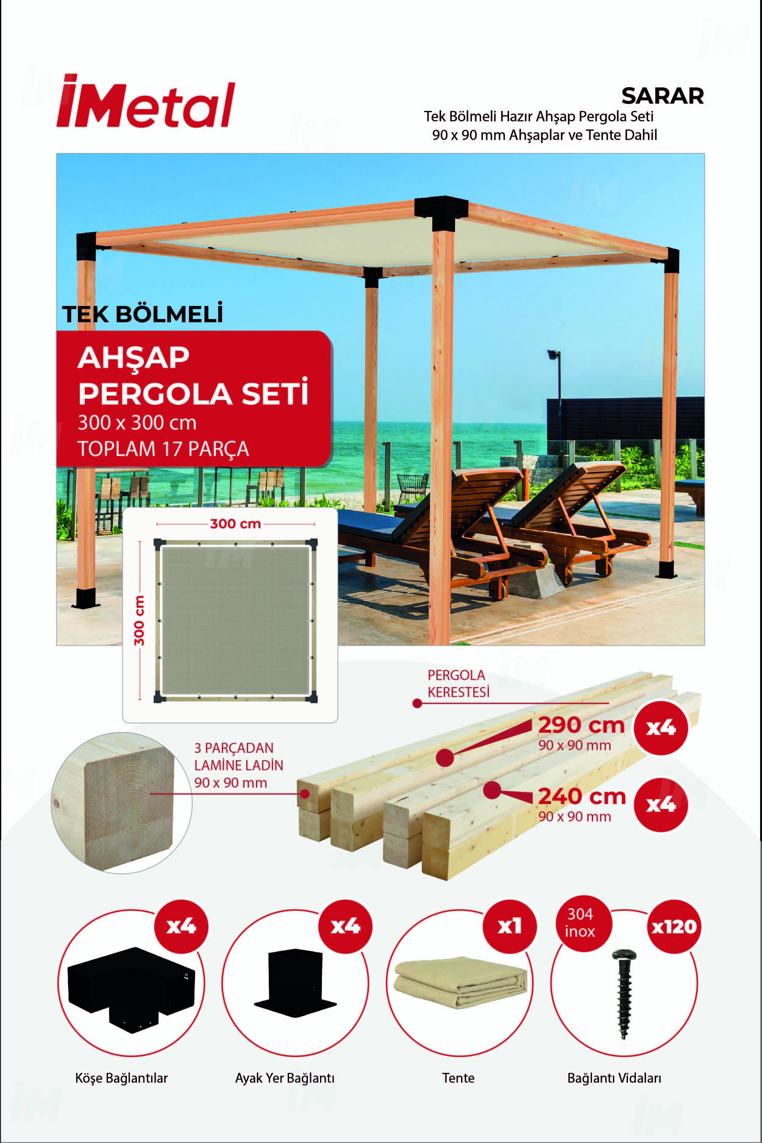 300x300 Ahşap Pergola Seti Iki Bölümlü 90 X 90 mm Ahşaplar Ve Hdp Tente Dahil - 1