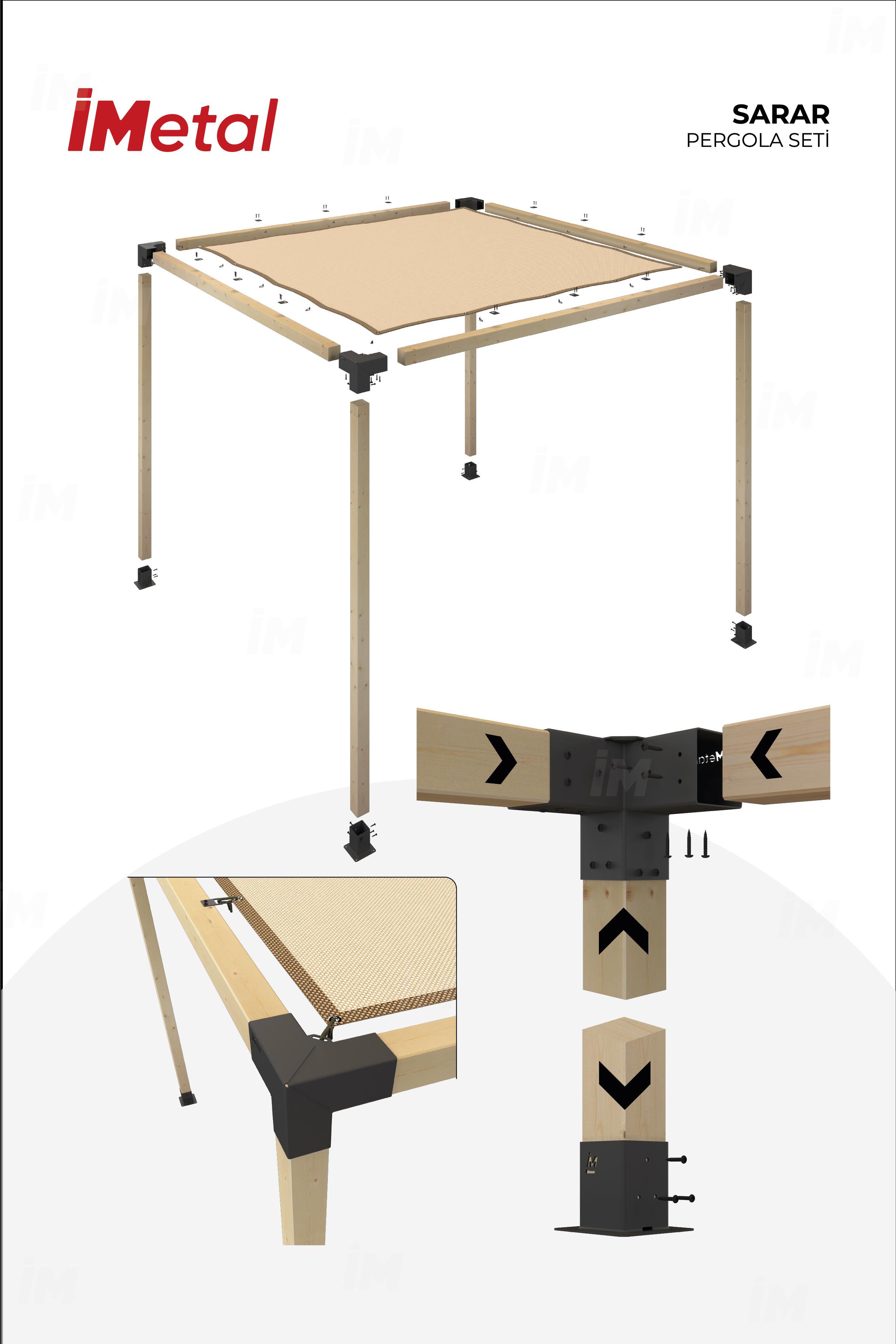 300x300 Ahşap Pergola Seti Iki Bölümlü 90 X 90 mm Ahşaplar Ve Hdp Tente Dahil - 2