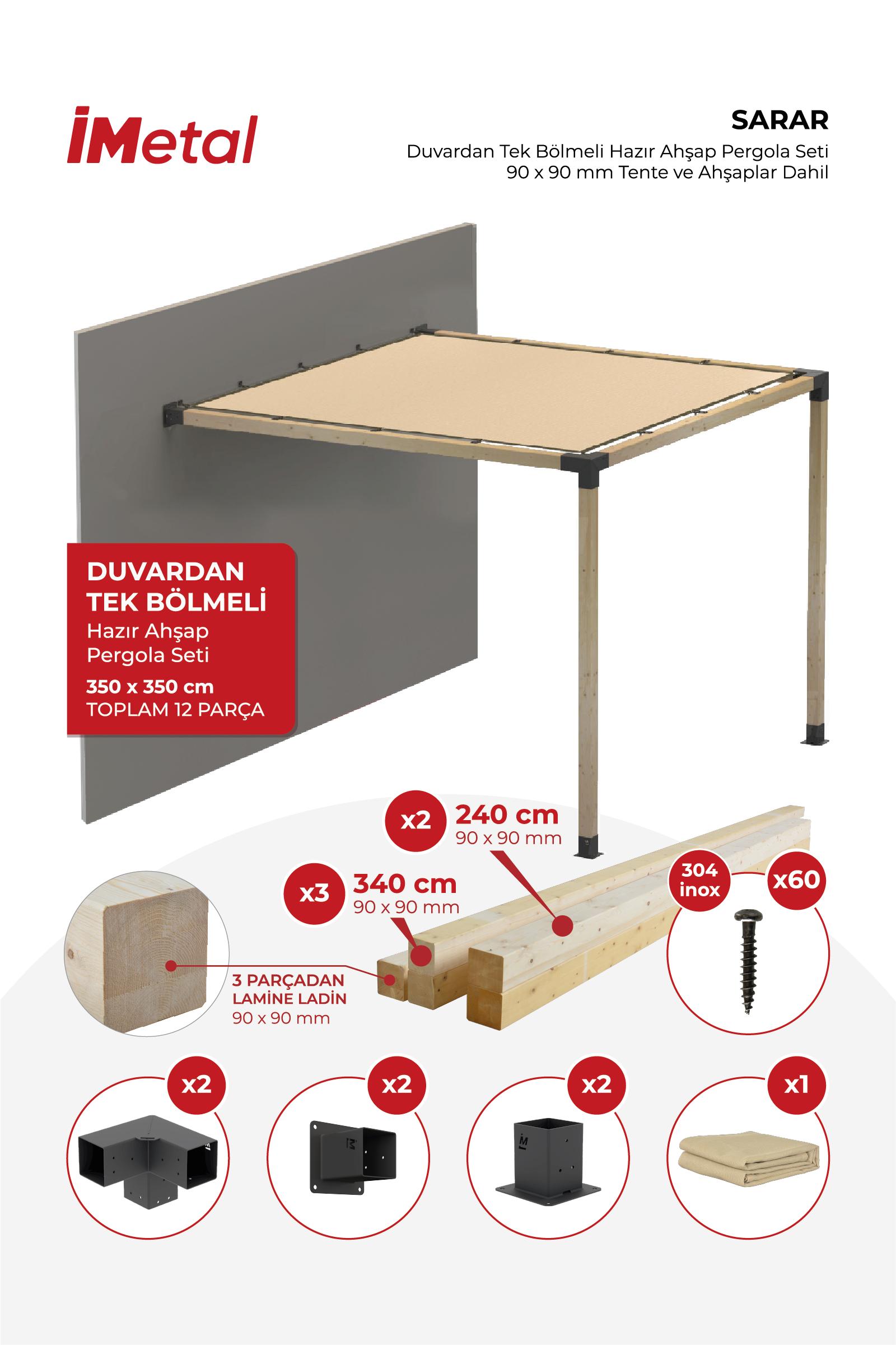 350x350 Ahşap Pergola Seti Duvardan Tek Bölümlü 90 X 90 mm Ahşaplar Ve Hdp Tente Dahil - 1