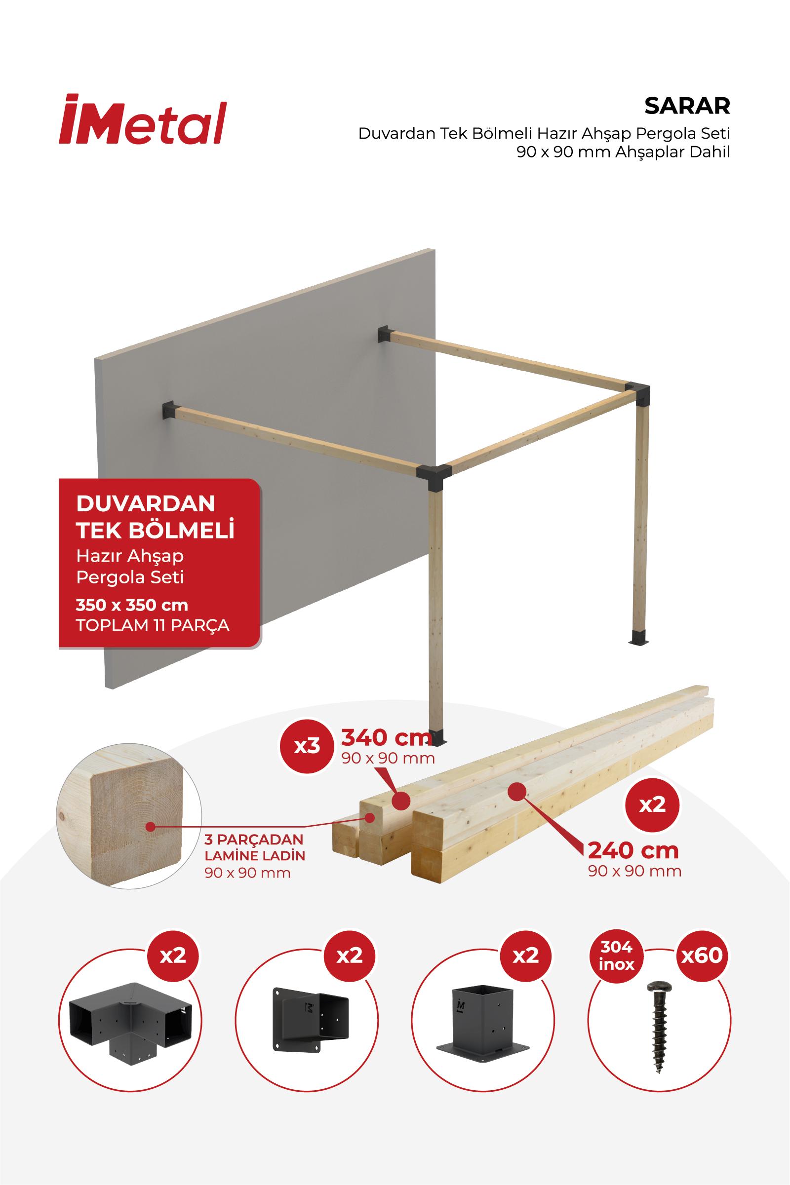 350x350 Ahşap Pergola Seti Duvardan Tek Bölümlü 90 X 90 mm Ahşaplar Dahil - 1
