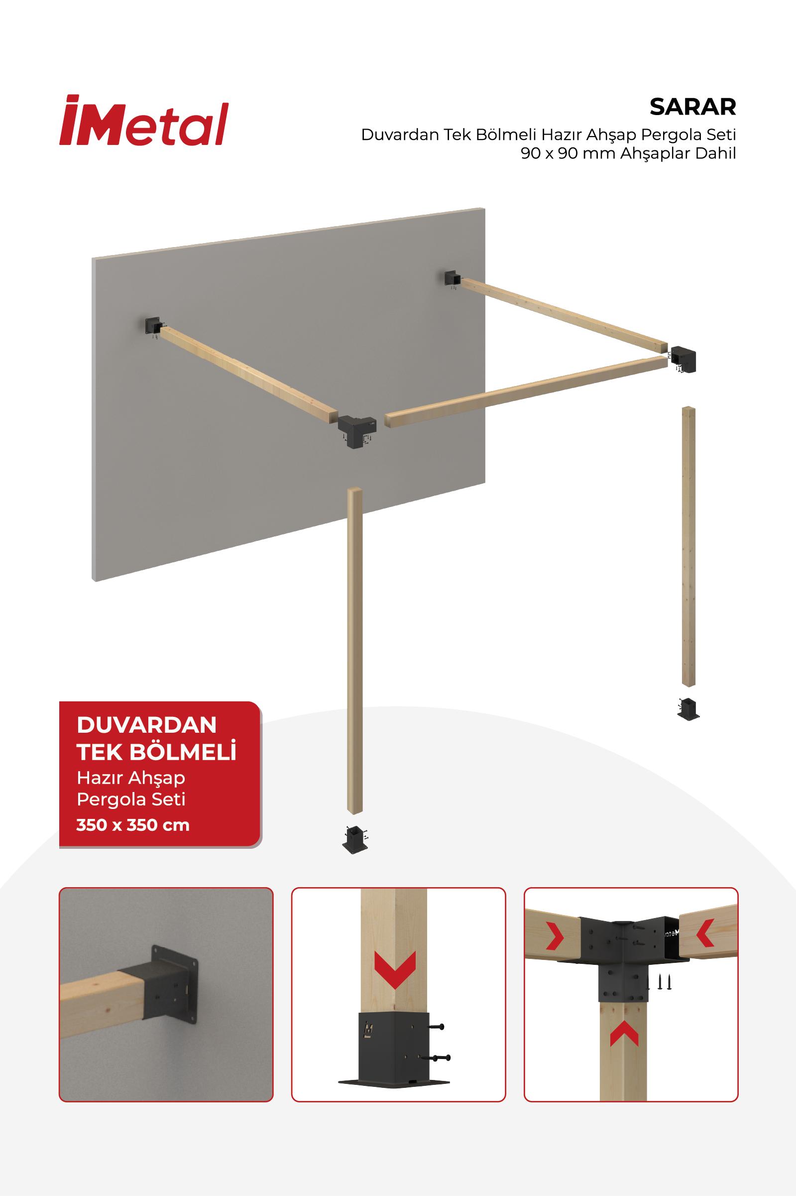 350x350 Ahşap Pergola Seti Duvardan Tek Bölümlü 90 X 90 mm Ahşaplar Dahil - 2