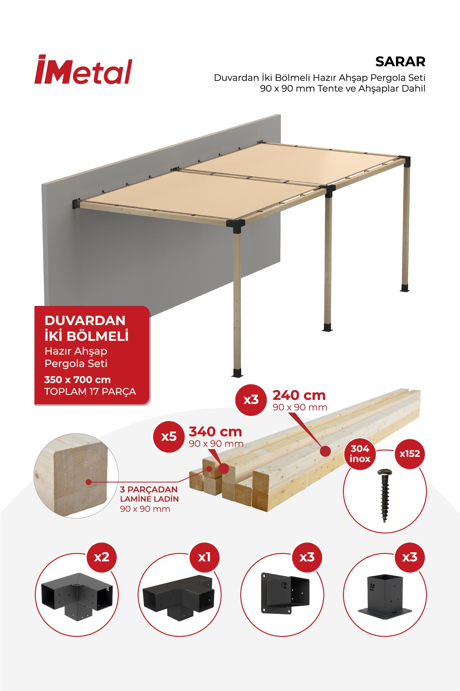 350x700 Ahşap Pergola Seti Duvardan Iki Bölümlü 90 X 90 Mm Ahşaplar Ve Hdp Tente Dahil - 1