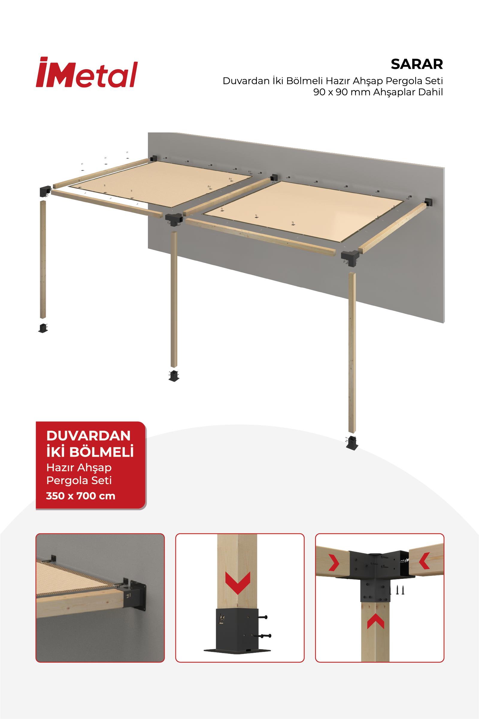 350x700 Ahşap Pergola Seti Duvardan Iki Bölümlü 90 X 90 Mm Ahşaplar Ve Hdp Tente Dahil - 2
