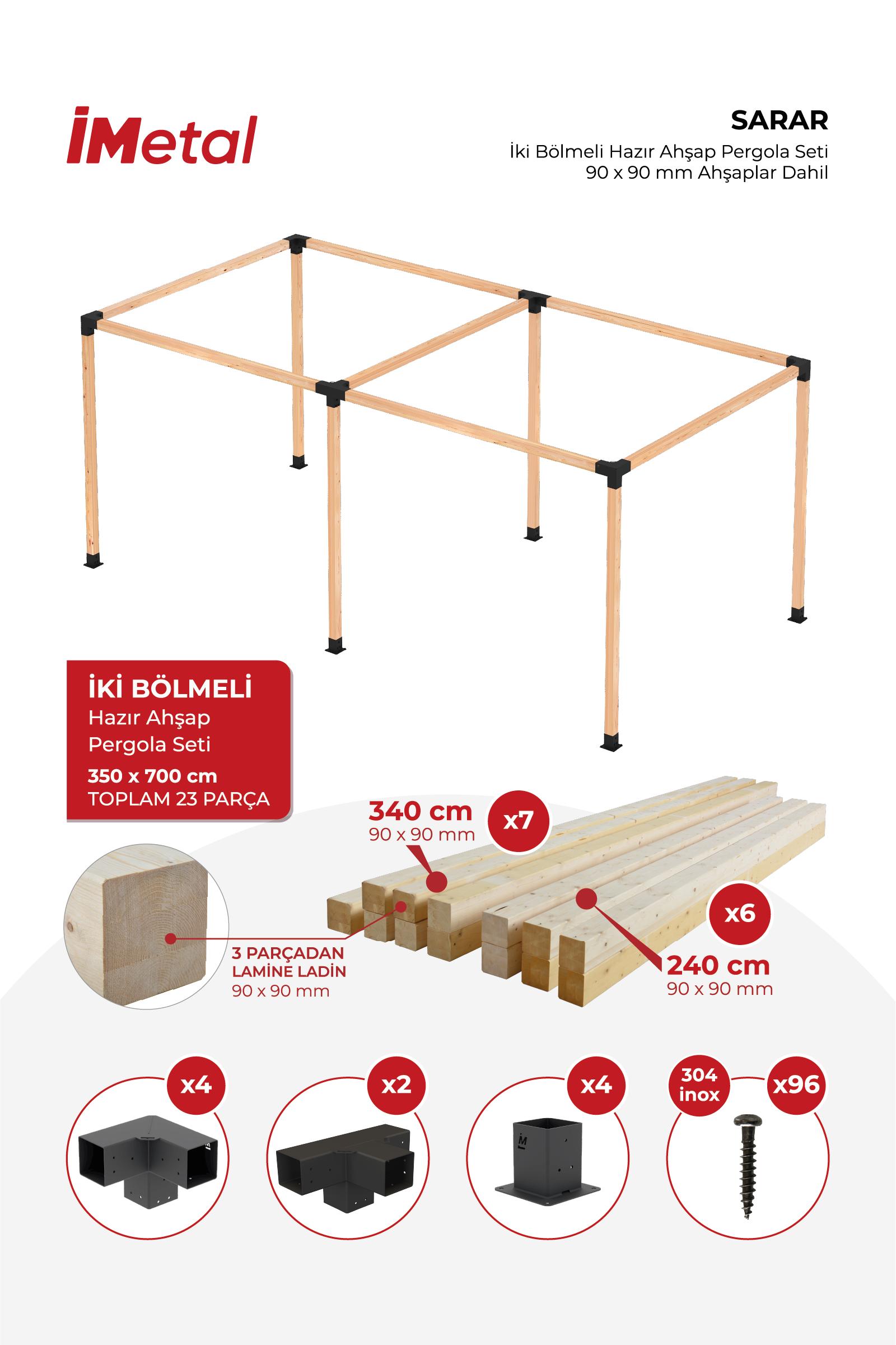 350x700 Ahşap Pergola Seti Iki Bölümlü 90 X 90 mm Ahşaplar Dahil - 1