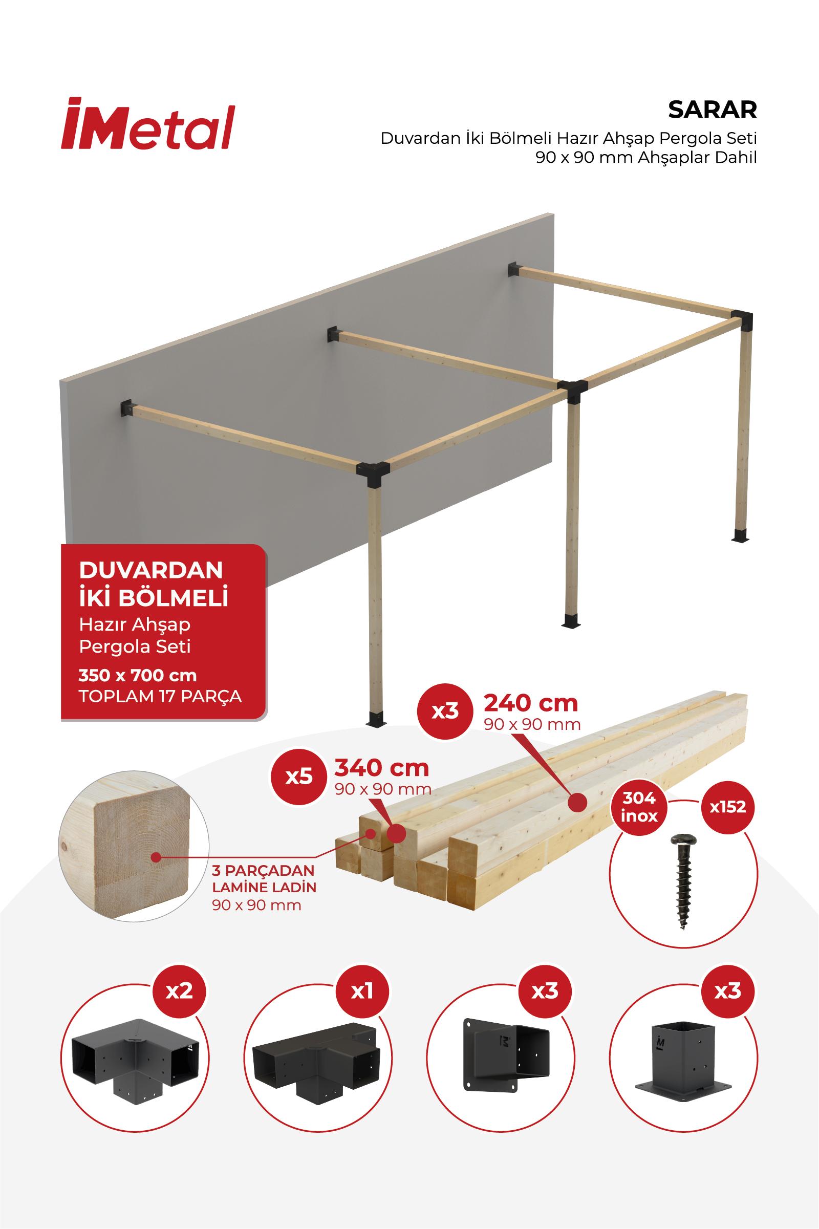 350x700 Ahşap Pergola Seti Duvardan Iki Bölümlü 90 X 90 Mm Ahşaplar Dahil - 1