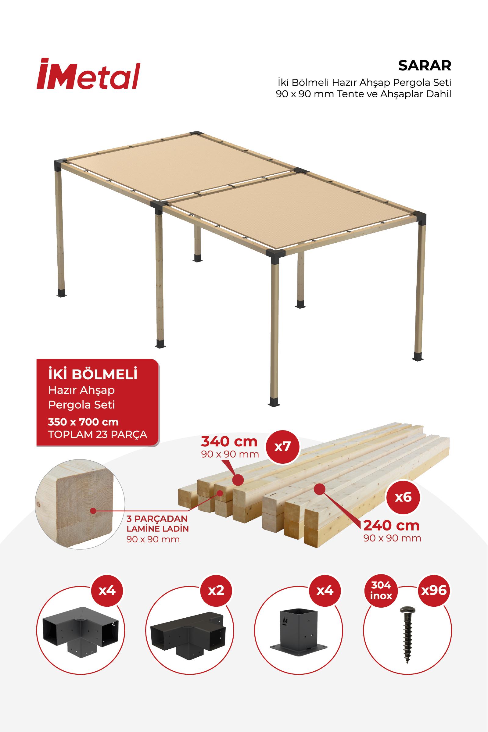 350x700 Ahşap Pergola Seti Iki Bölümlü 90 X 90 mm Ahşaplar Ve Hdp Tente Dahil - 1