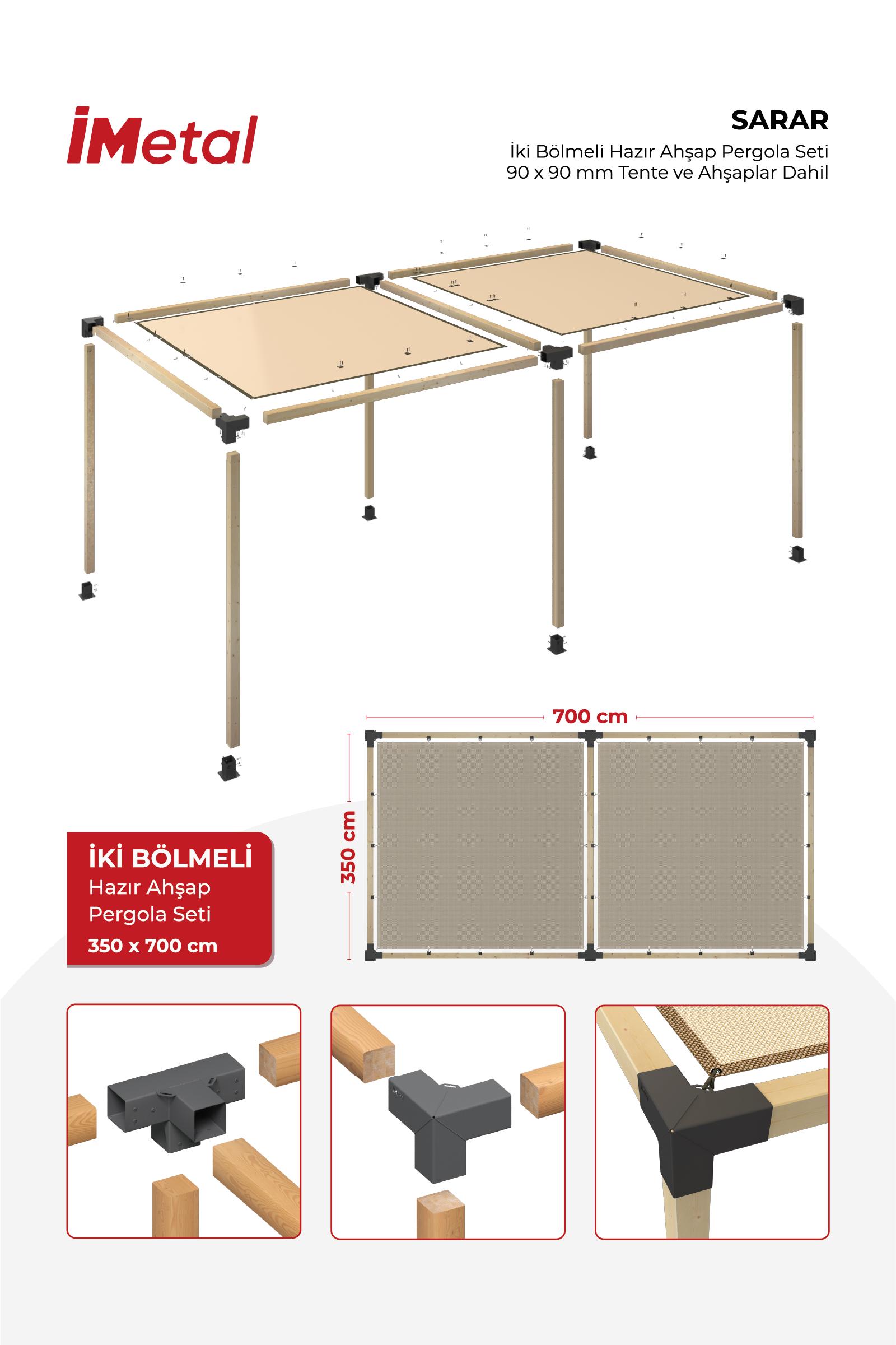 350x700 Ahşap Pergola Seti Iki Bölümlü 90 X 90 mm Ahşaplar Ve Hdp Tente Dahil - 2