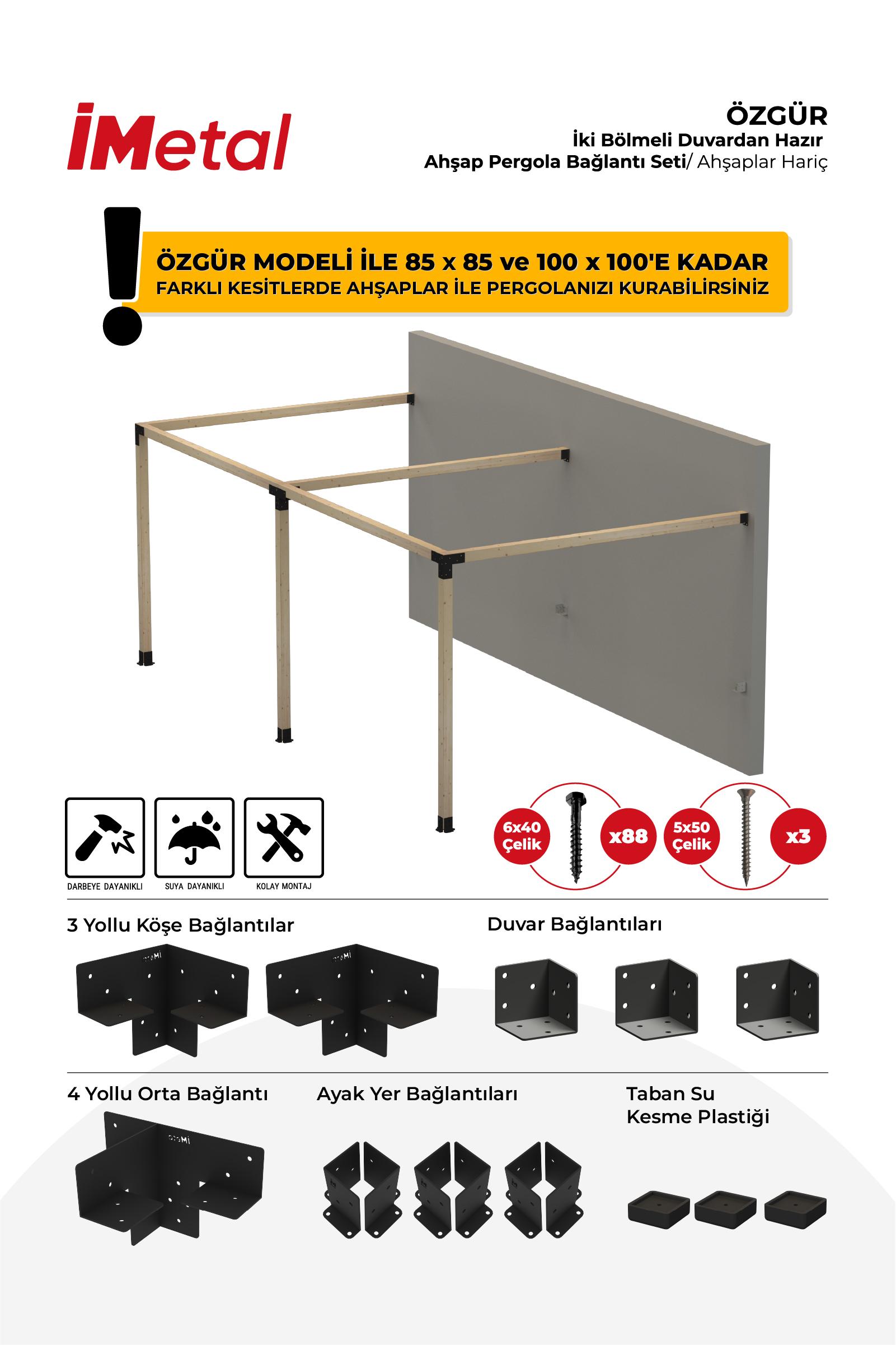 Ahşap Pergola Braket Seti Duvardan İki Bölümlü 90x90'dan 100x100 mm'ye Kadar Ahşaplar İçin - 1