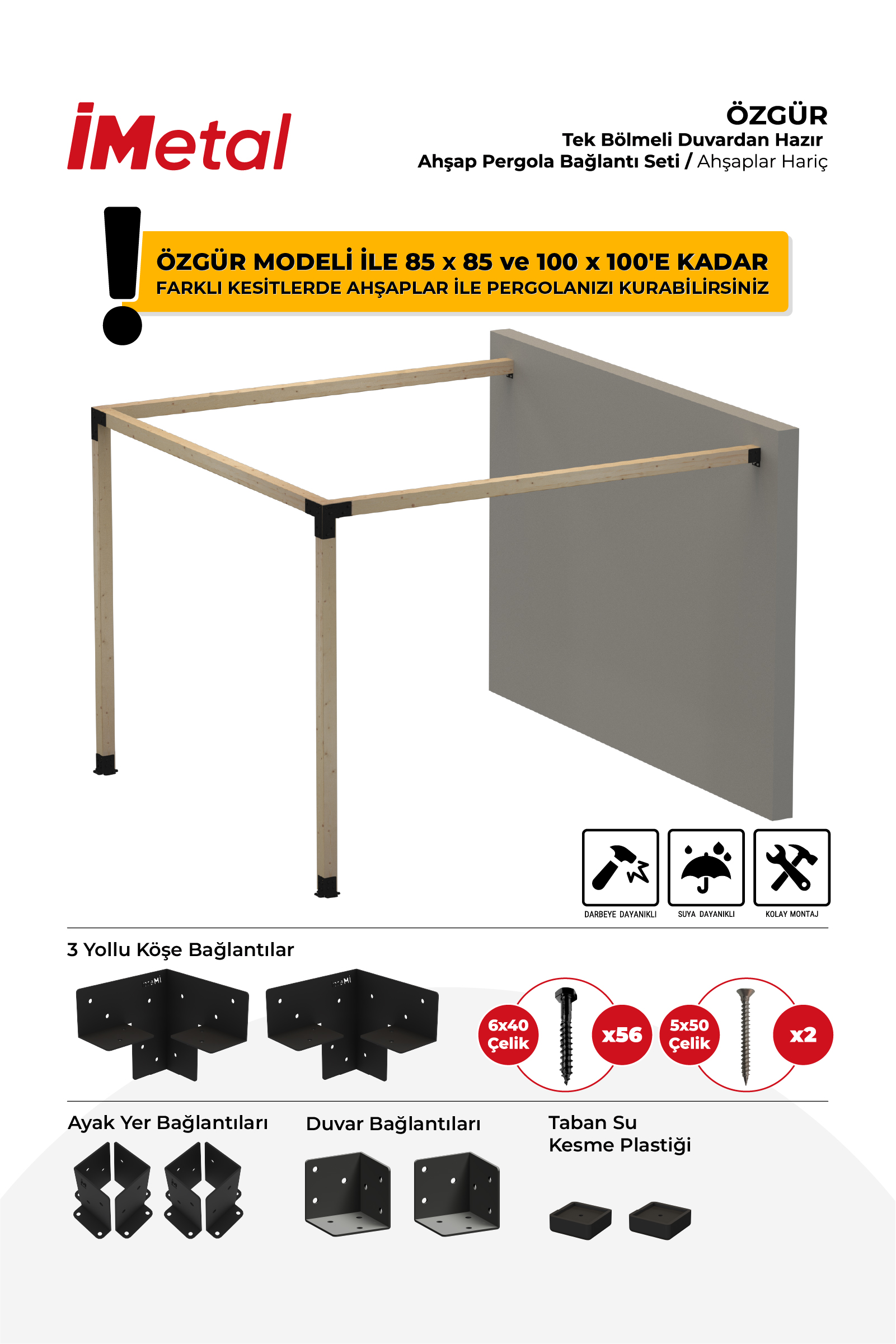 Ahşap Pergola Braket Seti Duvardan Tek Bölümlü 90x90'dan 100x100 mm'ye Kadar Ahşaplar İçin - 1