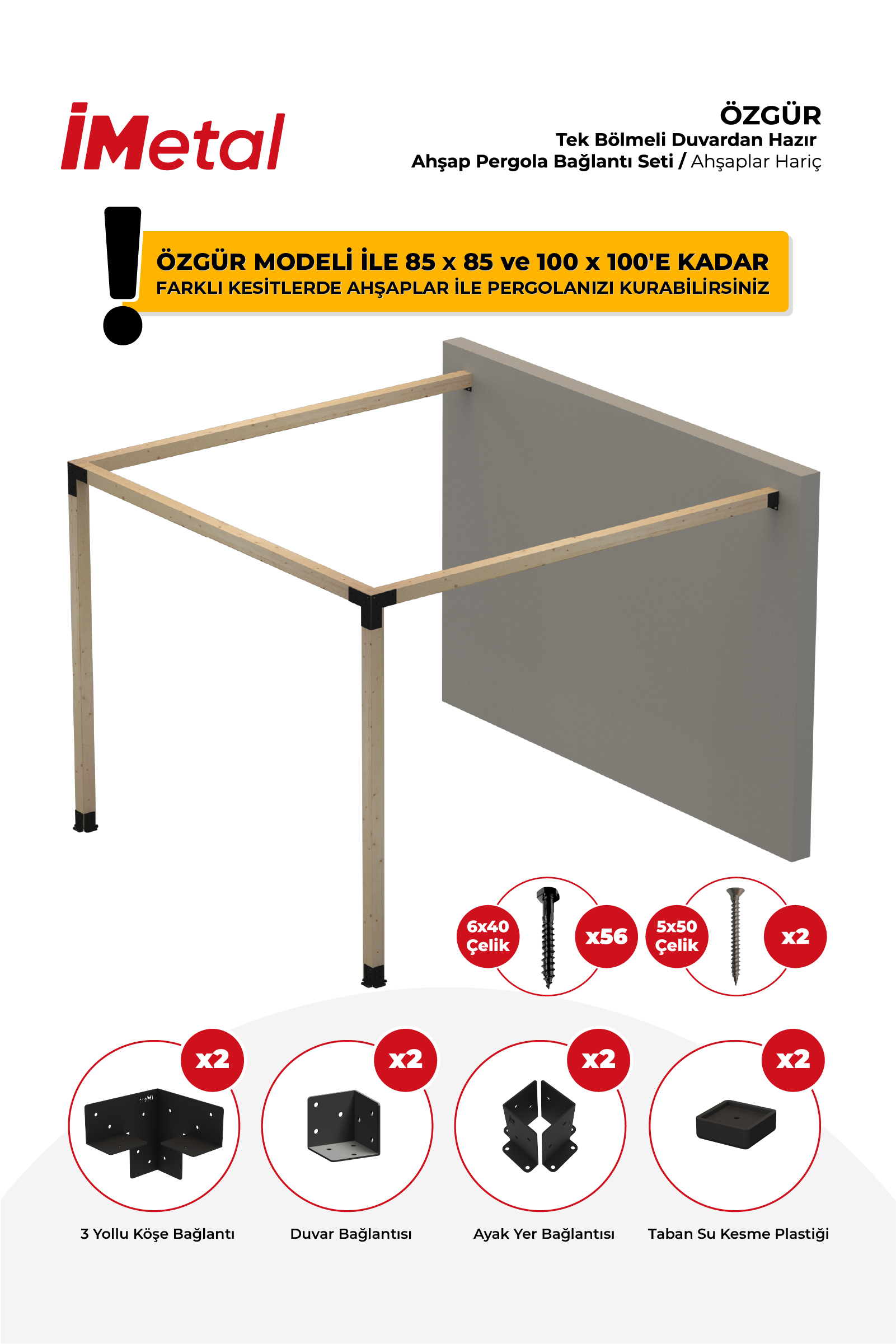 Ahşap Pergola Braket Seti Duvardan Tek Bölümlü 90x90'dan 100x100 mm'ye Kadar Ahşaplar İçin - 1