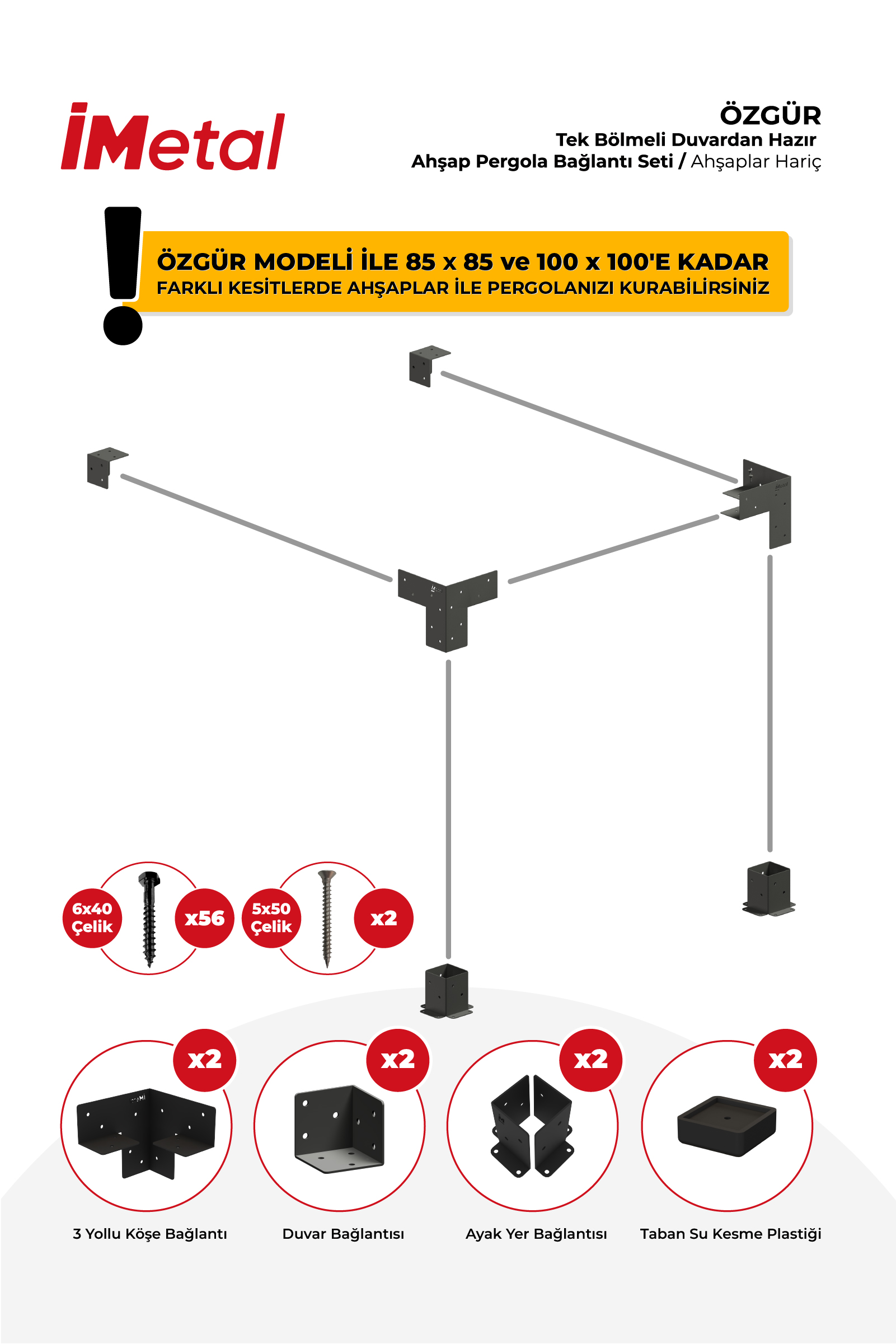 Ahşap Pergola Braket Seti Duvardan Tek Bölümlü 90x90'dan 100x100 mm'ye Kadar Ahşaplar İçin - 2