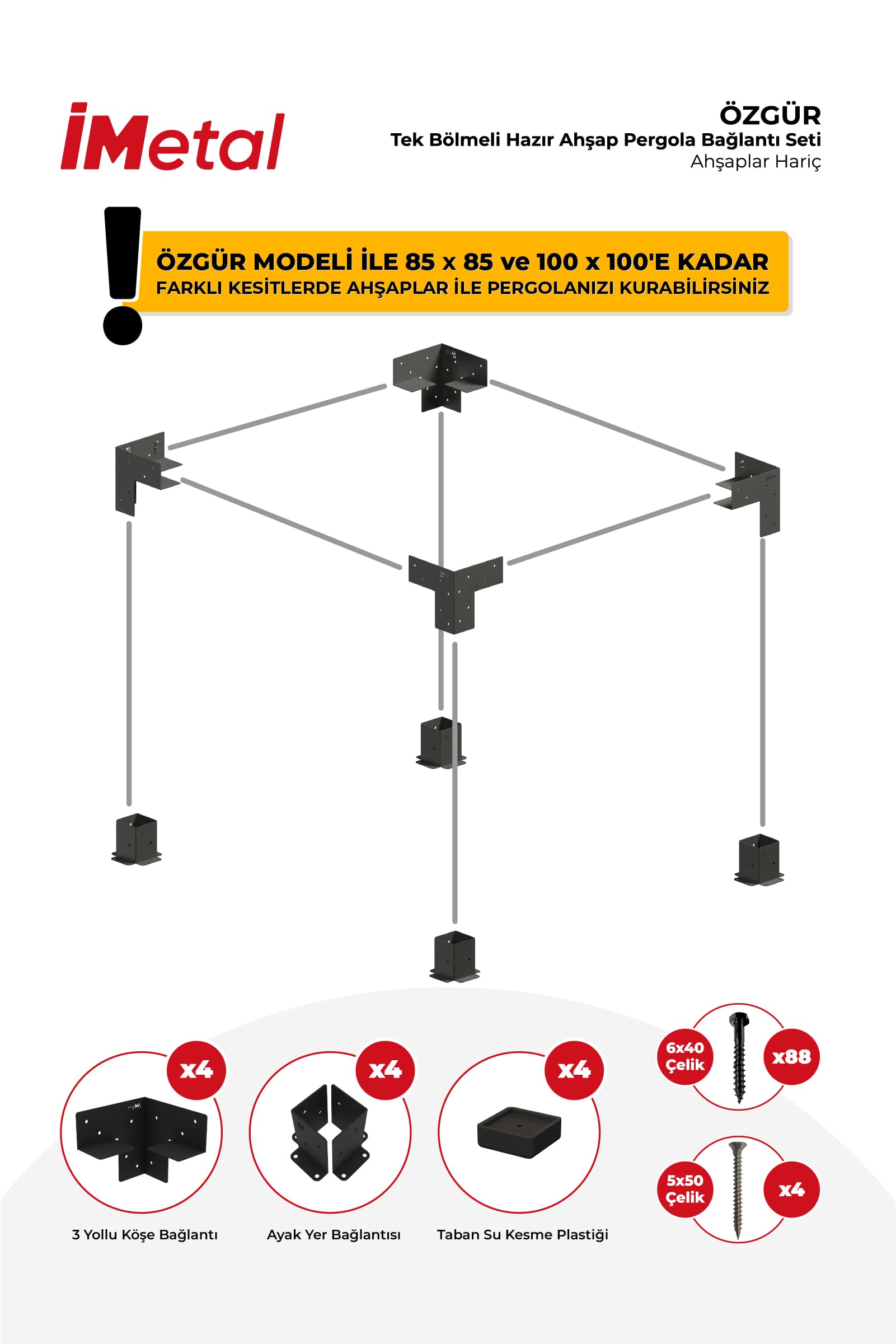 Ahşap Pergola Braket Seti Tek Bölümlü 90x90'dan 100 x 100 mm'ye kadar Ahşaplar İçin - 2