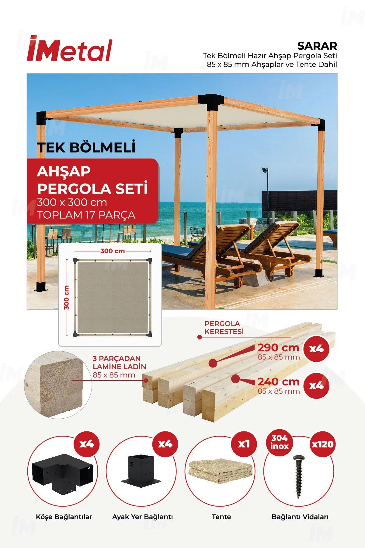 350x350 Ahşap Pergola Seti Iki Bölümlü 90 X 90 mm Ahşaplar Ve Hdp Tente Dahil - 1