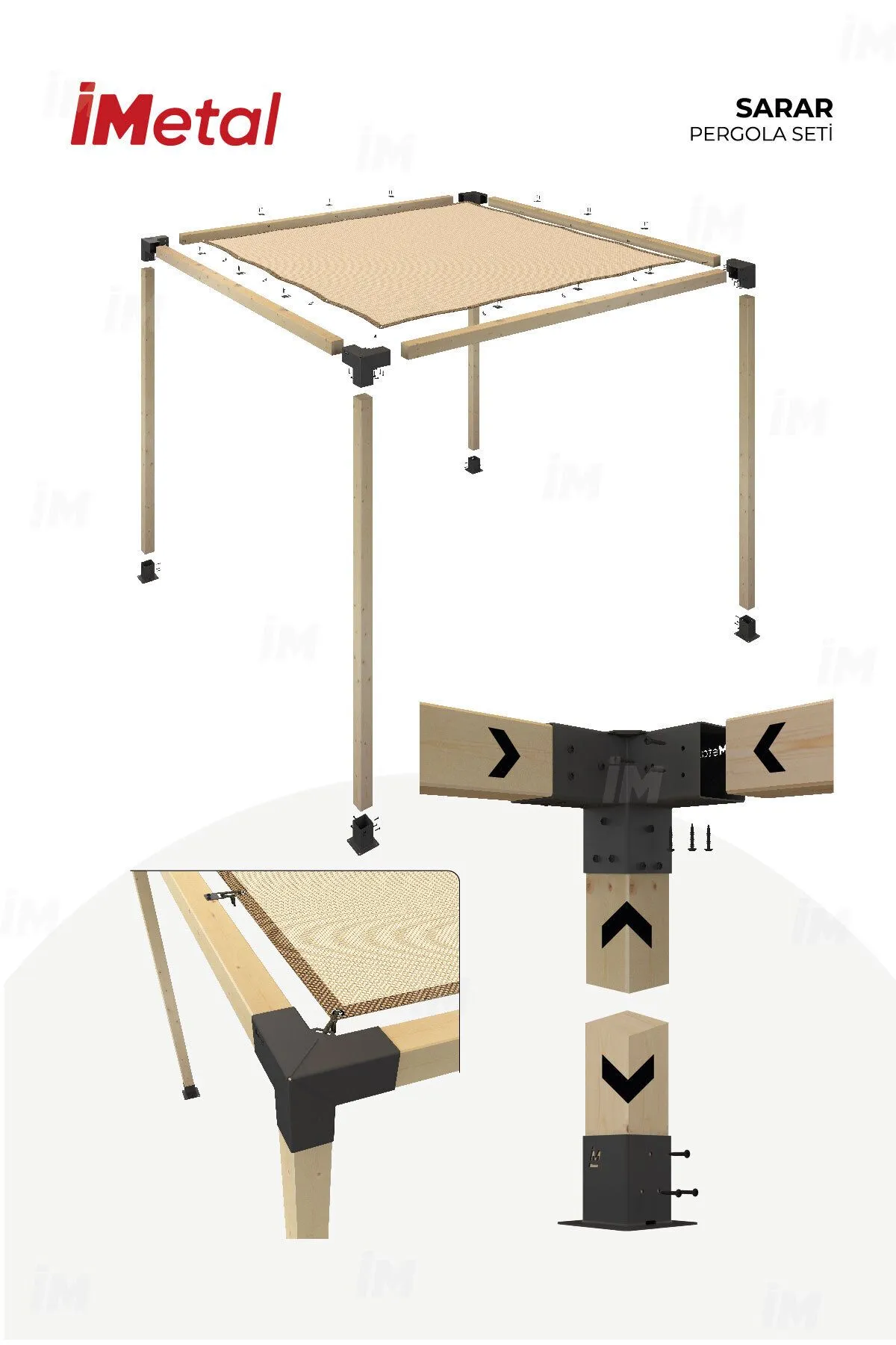 350x350 Ahşap Pergola Seti Iki Bölümlü 90 X 90 mm Ahşaplar Ve Hdp Tente Dahil - 2