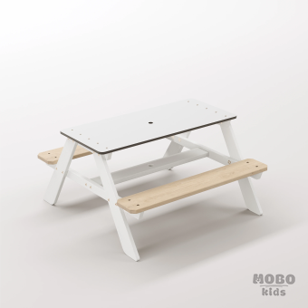 Panter Beyaz Kompakt Tablalı Çocuk Bahçe Bankı - Masif Ahşap 4 Çocuk Kapasiteli Piknik ve Bahçe Masası