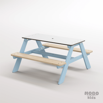 Panter Beyaz Kompakt Tablalı Çocuk Bahçe Bankı - Masif Ahşap 4 Çocuk Kapasiteli Piknik ve Bahçe Masası - Gökmavi - Görsel 2