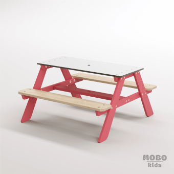Panter Beyaz Kompakt Tablalı Çocuk Bahçe Bankı - Masif Ahşap 4 Çocuk Kapasiteli Piknik ve Bahçe Masası - Gül Kırmızı - Görsel 2
