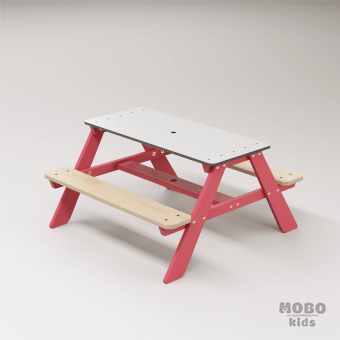 Panter Beyaz Kompakt Tablalı Çocuk Bahçe Bankı - Masif Ahşap 4 Çocuk Kapasiteli Piknik ve Bahçe Masası - Gül Kırmızı - Görsel 3