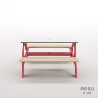 Panter Beyaz Kompakt Tablalı Çocuk Bahçe Bankı - Masif Ahşap 4 Çocuk Kapasiteli Piknik ve Bahçe Masası - Gül Kırmızı - Görsel 5