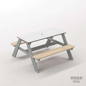 Panter Tiny Gümüş Gri Ahşap Gövdeli Modern Balkon Seti - Beyaz Kompakt Tablalı Anaokulu Masası