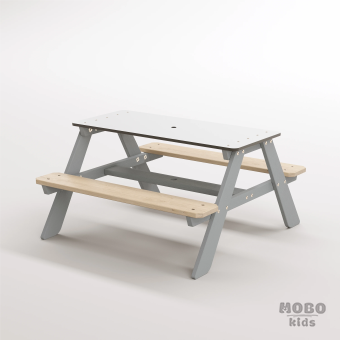 Panter Beyaz Kompakt Tablalı Çocuk Bahçe Bankı - Masif Ahşap 4 Çocuk Kapasiteli Piknik ve Bahçe Masası - Gümüş Gri - Görsel 2