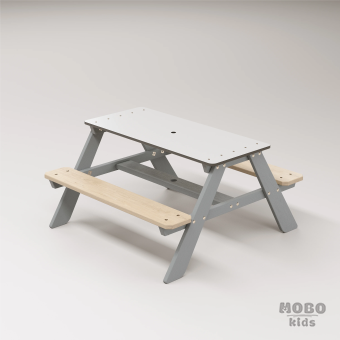 Panter Beyaz Kompakt Tablalı Çocuk Bahçe Bankı - Masif Ahşap 4 Çocuk Kapasiteli Piknik ve Bahçe Masası - Gümüş Gri - Görsel 3