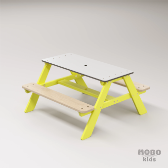 Panter Beyaz Kompakt Tablalı Çocuk Bahçe Bankı - Masif Ahşap 4 Çocuk Kapasiteli Piknik ve Bahçe Masası - Limon Sarısı - Görsel 3