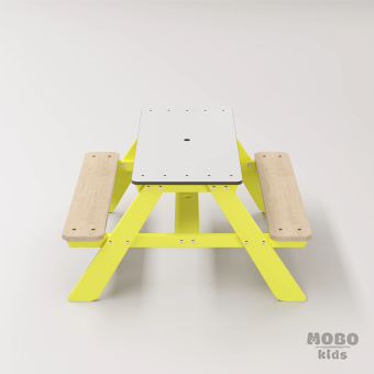 Panter Beyaz Kompakt Tablalı Çocuk Bahçe Bankı - Masif Ahşap 4 Çocuk Kapasiteli Piknik ve Bahçe Masası - Limon Sarısı - Görsel 4