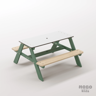 Panter Tiny Orman Yeşili Ahşap Gövdeli Anaokulu Bahçe Seti - Beyaz Kompakt Tablalı Oyun Masası