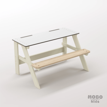 Piko Junior Bej Estetik Masif Ahşap Gövdeli Çocuk Masası - Beyaz Kompakt Tablalı Sanat ve Hobi Masası