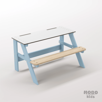 Piko Junior Gök Mavisi Masif Ahşap Gövdeli Çocuk Masası - Beyaz Kompakt Tablalı İlkokul Sırası