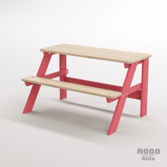 Piko Çocuk Bahçe Bankı Masif Ahşap 4 Çocuk Kapasiteli  Çalışma ve Yemek Masası - Gül Kırmızı - Görsel 2