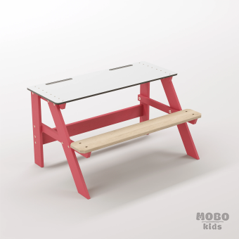 Piko Junior Gül Kırmızı Masif Ahşap Gövdeli Çocuk Odası Masası - Beyaz Kompakt Tablalı Etkinlik Ünitesi