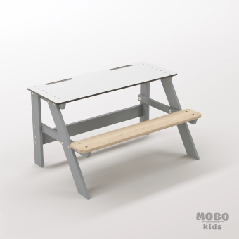 Piko Junior Gümüş Gri Masif Ahşap Gövdeli Modern Çocuk Masası - Beyaz Kompakt Tablalı İlkokul Çalışma Alanı