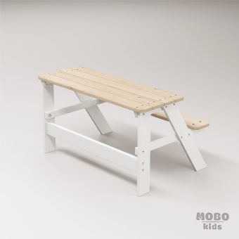 Piko Çocuk Bahçe Bankı Masif Ahşap 4 Çocuk Kapasiteli  Çalışma ve Yemek Masası - Kar Beyaz - Görsel 3