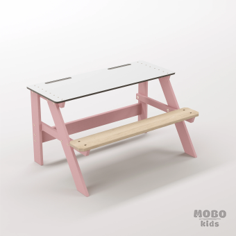 Piko Junior Masal Pembe Masif Ahşap Gövdeli Çocuk Odası Masası - Beyaz Kompakt Tablalı Aktivite Ünitesi