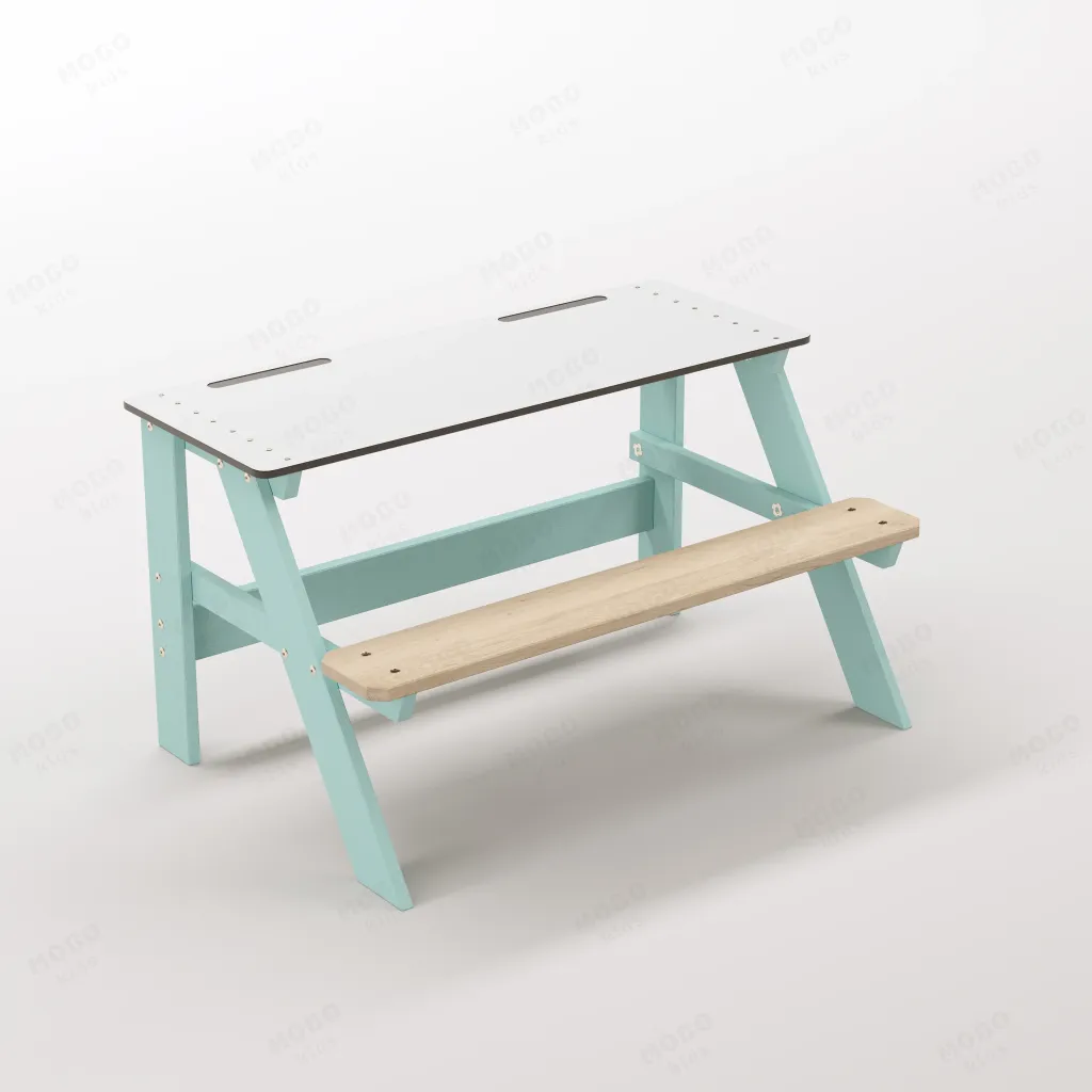 Piko Junior Su Yeşili Masif Ahşap Gövdeli Çocuk Odası Çalışma Masası - Beyaz Kompakt Tablalı Aktivite Bölümü