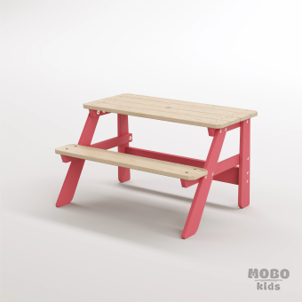 Piko Çocuk Bahçe Bankı Masif Ahşap 4 Çocuk Kapasiteli Çalışma ve Yemek Masası - Gül Kırmızı - Görsel 2