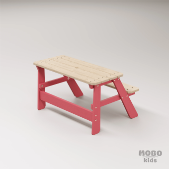 Piko Çocuk Bahçe Bankı Masif Ahşap 4 Çocuk Kapasiteli Çalışma ve Yemek Masası - Gül Kırmızı - Görsel 5