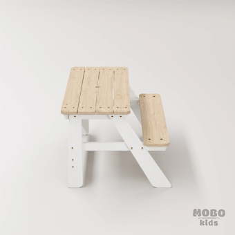 Piko Çocuk Bahçe Bankı Masif Ahşap 4 Çocuk Kapasiteli Çalışma ve Yemek Masası - Kar Beyaz - Görsel 4