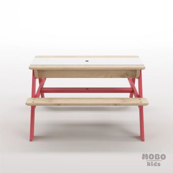 Zuma Beyaz Kompakt Tablalı Çocuk Bahçe Bankı - Masif Ahşap 4 Çocuk Kapasiteli Ahşap Kum ve Su Havuzlu Çocuk Bankı - Gül Kırmızı - Görsel 4