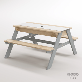 Zuma Beyaz Kompakt Tablalı Çocuk Bahçe Bankı - Masif Ahşap 4 Çocuk Kapasiteli Ahşap Kum ve Su Havuzlu Çocuk Bankı - Gümüş Gri - Görsel 3